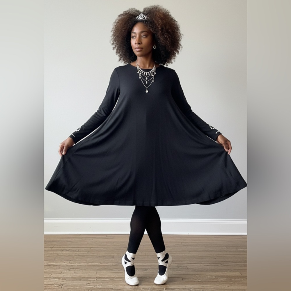 VTG Black Swing Dress Long Sleeve Glass Rhinestone Bow Size 4